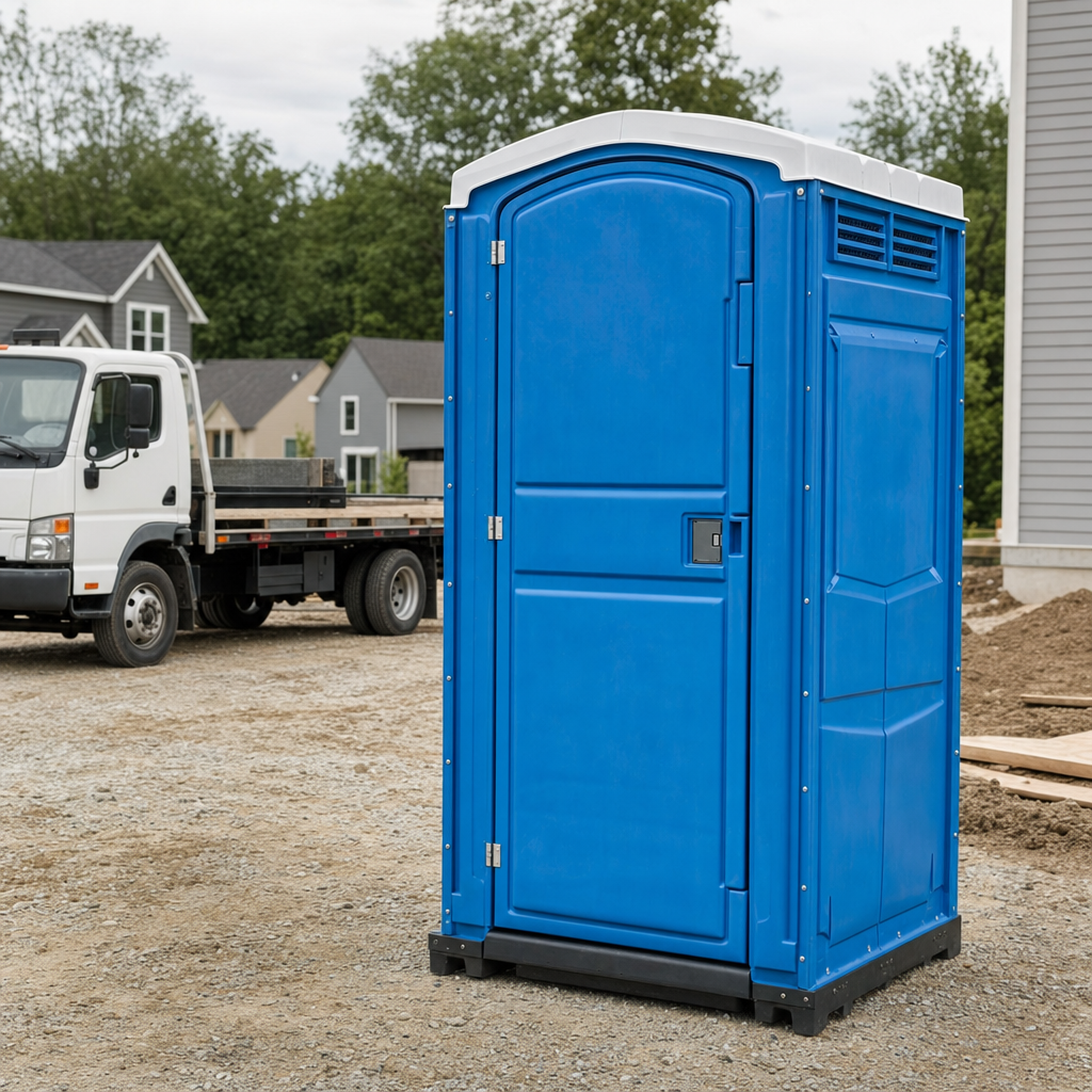 Delivery driver positioning a clean royal-blue portable toilet on level ground at a Brooklyn worksite