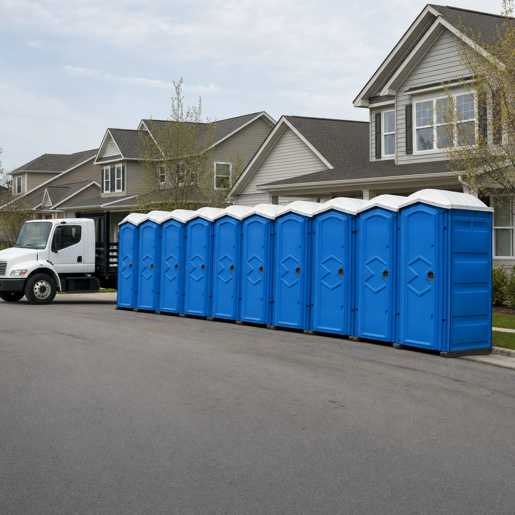 Royal blue portable toilets staged in a tidy row at a Brooklyn jobsite, ready for delivery